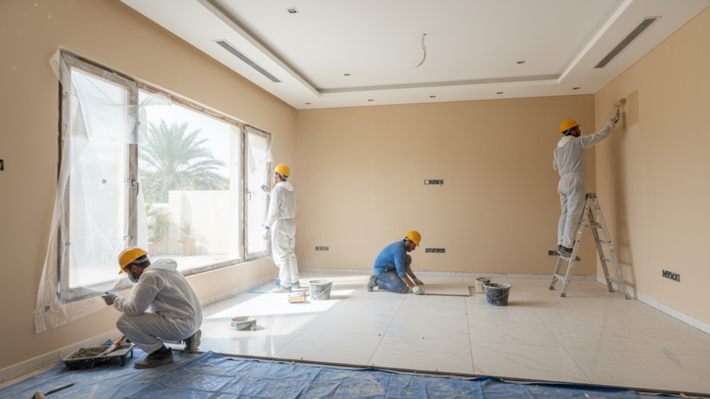 فريق ترميم يقوم بطلاء الجدران وتجديد أرضيات غرفة معيشة في منزل سعودي.