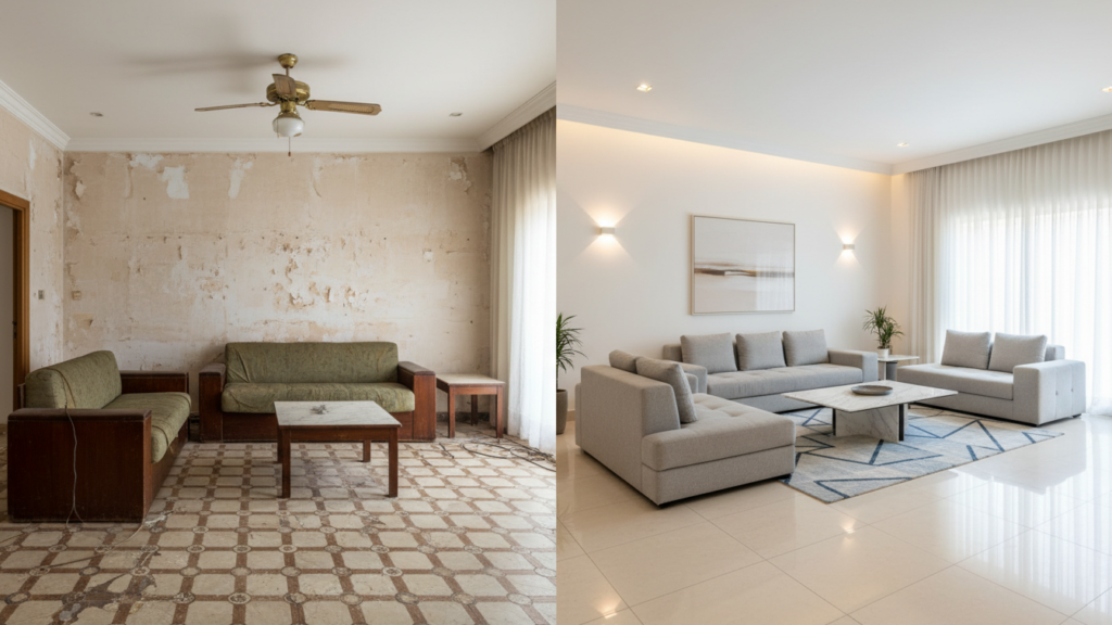 قبل وبعد ترميم وتجديد صالة في منزل سعودي.